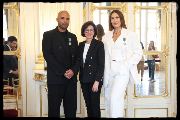 Exclusif - Vitaa, Saïd Boussif, Rachida Dati - La chanteuse Vitaa et le Producteur musical Saïd Boussif élevés par la ministre de la Culture, Rachida Dati au grade de chevalier dans l'ordre des Arts et Lettres dans le salon des Maréchaux au ministère de la Culture à Paris le 24 juin 2024. © Dominique Jacovides - Alain Guizard / Bestimage 