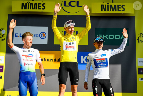 Le Français Thomas Gachignard de TotalEnergies, le Slovène Tadej Pogacar de UAE Team Emirates et le Belge Remco Evenepoel de Soudal Quick-Step sur le podium après la 16e étape du Tour de France cycliste 2024, de Gruissan à Nîmes, France (188,6 km), le mardi 16 juillet 2024. La 111e édition du Tour de France débutera le samedi 29 juin et s'achèvera à Nice, en France, le 21 juillet. Photo par ABACAPRESS.COM