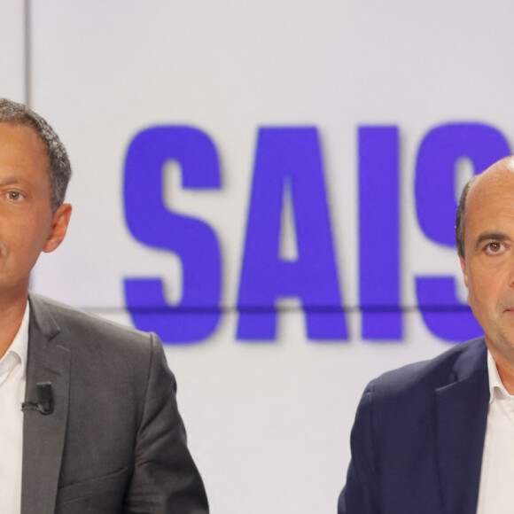 Marc-Olivier Fogiel (directeur général de BFMTV), Hervé Beroud (directeur général délégué de Altice Média, chargé de l' information et du sport) - Conférence de presse de rentrée de BFMTV saison 2021/2022 à l'Altice Campus à Paris, France, le 25 août 2021. © Christophe Clovis/Bestimage