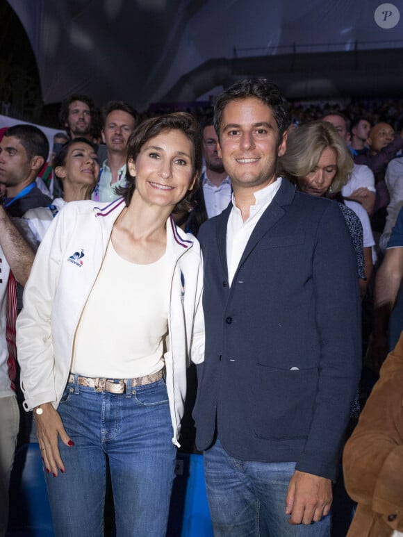 Amélie Oudéa-Castéra et Gabriel Attal - Célébrités assistent à la finale de l'épée individuelle homme avec le francais Yannick Borel qui perd en finale face à Kōki Kanō au Grand Palais lors des Jeux Olympiques de Paris 2024 (JO) à Paris le 28 juillet 2024. © Dominique Jacovides-Pierre Perusseau/Bestimage