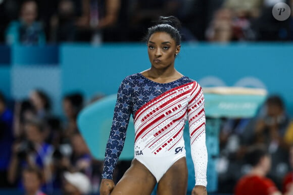 Simone Biles lors de la finale de l'épreuve par équipe de gymnastique à l'Arena Bercy à Paris le 30 juillet 2024. (Credit Image: © Antonio Martinez/AFP7 via ZUMA Press Wire)