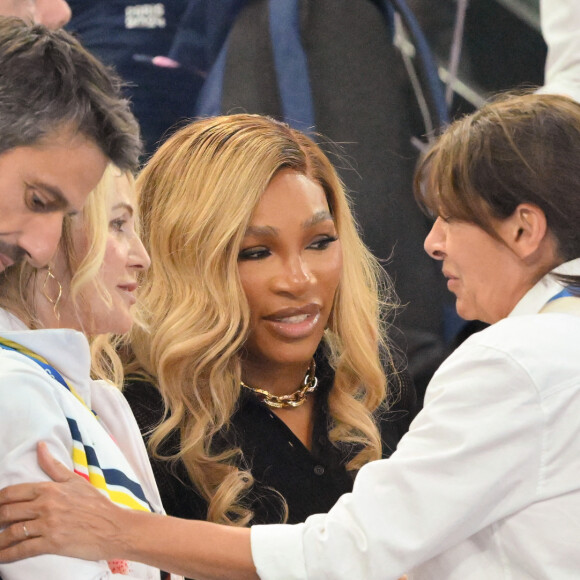 Nadia Comaneci, Serena Williams et Anne Hidalgo lors de la finale de l'épreuve par équipe de gymnastique à l'Arena Bercy à Paris le 30 juillet 2024. Photo by Laurent Zabulon/ABACAPRESS.COM