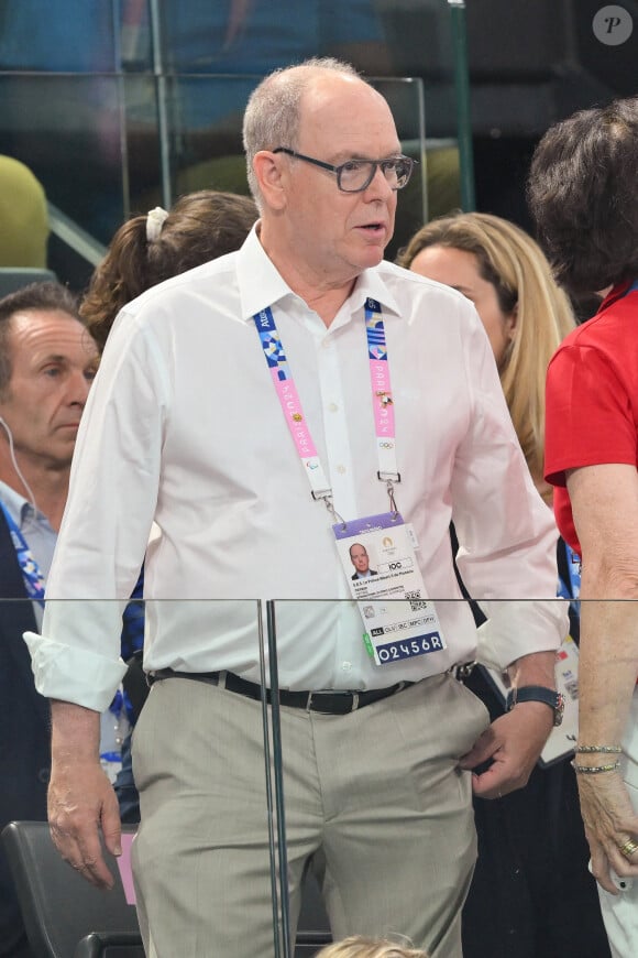 Prince Albert II of Monaco attends the artistic gymnastics women's team final during the Paris 2024 Summer Olympic Games at the Bercy Arena in Paris, France on July 30, 2024. Photo by Laurent Zabulon/ABACAPRESS.COM 