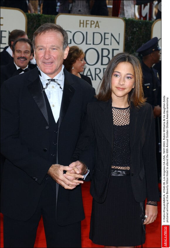 Robin Williams et sa fille Zelda arrivent à l'hôtel Beverly Hilton pour assister à la 60e cérémonie annuelle des Golden Globes, le 19 janvier 2003 à Los Angeles. L.Hahn-N.Khayat/ABACA.