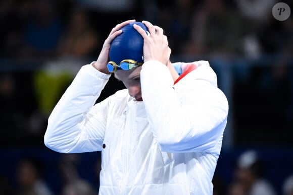 Léon Marchand lors de la finale du relais mixte 4x100m 4 nages aux Jeux Olympiques de Paris le 3 août 2024. ( Photo by federico pestellini / DPPI / Panoramic ) -