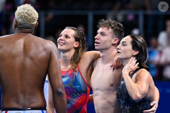 Léon Marchand lors de la finale du relais mixte 4x100m 4 nages aux Jeux Olympiques de Paris le 3 août 2024. ( Photo by federico pestellini / DPPI / Panoramic ) -