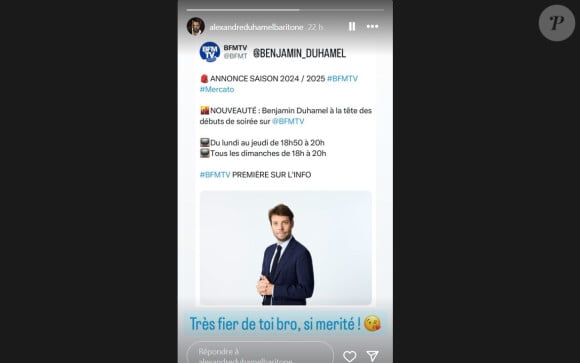 Alexandre Duhamel réagit à la promotion de son frère Benjamin sur BFMTV
Capture de la story Instagram d'Alexandre Duhamel