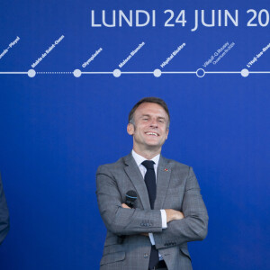 Emmanuel Macron et Jean Castex, Nicolas Sarkozy - Le président de la République française E.Macron inaugure le prolongement de la ligne de métro 14, entre Saint-Denis Pleyel et l'aéroport d'Orly, le 24 juin 2024. © Eliot Blondet / Pool / Bestimage