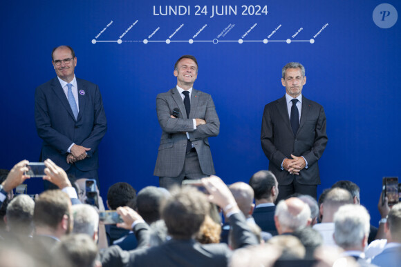 Emmanuel Macron et Jean Castex, Nicolas Sarkozy - Le président de la République française E.Macron inaugure le prolongement de la ligne de métro 14, entre Saint-Denis Pleyel et l'aéroport d'Orly, le 24 juin 2024. © Eliot Blondet / Pool / Bestimage