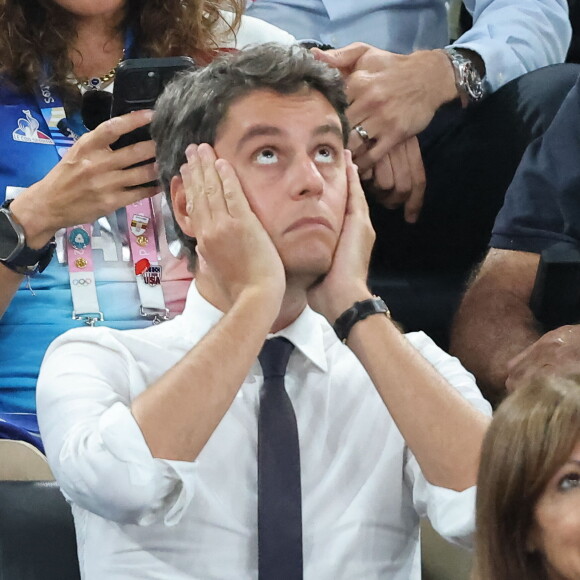 Du stress en revanche pour Gabriel Attal, qui a eu peur jusqu'au bout !
Gabriel Attal - Les célébrités en tribunes pendant l'épreuve de basketball de Demi-Finale opposant la France à l'Allemagne lors des Jeux Olympiques de Paris 2024 (JO) à l'Arena Bercy, à Paris, France, le 8 août 2024. © Jacovides-Perusseau/Bestimage 