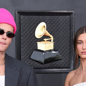 Justin Bieber et Hailey Rhode Bieber (Baldwin) au photocall de la 64ème édition des Grammy Awards au MGM Grand Garden à Las Vegas le 3 avril 2022. 