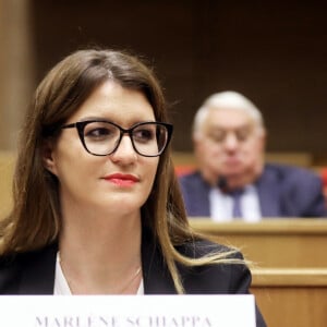 Audition par la commission d'enquête du Sénat de Marlène Schiappa Secrétaire d'Etat auprès de la Première ministre, chargée de l'Economie sociale et solidaire et de la Vie associative dans l'affaire du fonds Marianne, au Sénat. © Stéphane Lemouton / Bestimage