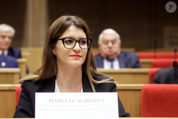 Audition par la commission d'enquête du Sénat de Marlène Schiappa Secrétaire d'Etat auprès de la Première ministre, chargée de l'Economie sociale et solidaire et de la Vie associative dans l'affaire du fonds Marianne, au Sénat. © Stéphane Lemouton / Bestimage