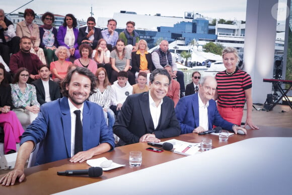 Exclusif - Bertrand Chameroy, Patrick Cohen, Pierre Lescure, Anne-Elisabeth Lemoine - Emission "C à vous" à l'occasion de la présentation des films "Strange Way Of Life" et "Le règne Animal" lors du 76ème Festival International du Film de Cannes. © Jack Tribeca / Bestimage