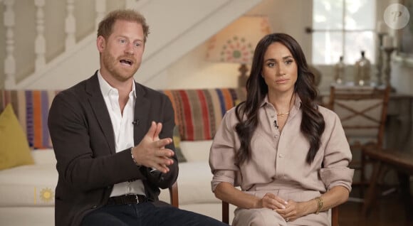 Le prince Harry, duc de Sussex et Meghan Markle, duchesse de Sussex, lors d'une interview pour l'émission CBS News Sunday Morning, diffusée le 4 août 2024. Lors de ce programme, le couple princier a évoqué leurs enfants, Archie Harrison, 5 ans et Lilibet Diana, 3 ans et leur volonté de les protéger des dangers du web.