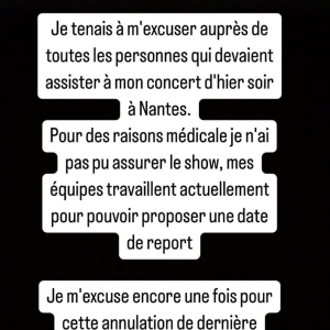 Pour des raisons médicales je n'ai pas pu assurer le show, mes équipes travaillent actuellement pour pouvoir proposer une date de report. Je m'excuse encore une 
Slimane a pris la parle après qu'il n'a pas pu monter sur scène pour des raisons de santé. Le 29 septembre 2024.