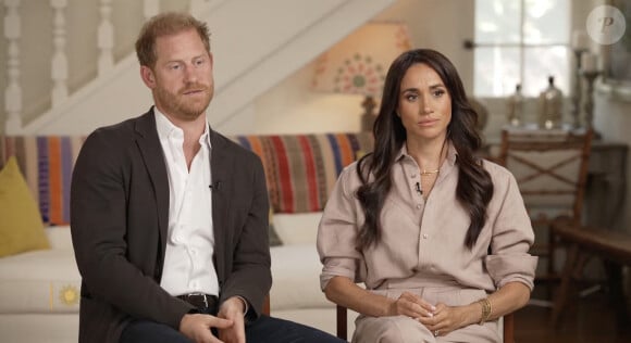 Le prince Harry, duc de Sussex et Meghan Markle, duchesse de Sussex, lors d'une interview pour l'émission CBS News Sunday Morning, diffusée le 4 août 2024. Lors de ce programme, le couple princier a évoqué leurs enfants, Archie Harrison, 5 ans et Lilibet Diana, 3 ans et leur volonté de les protéger des dangers du web. 