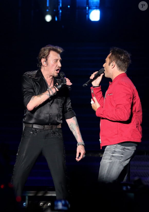 Exclusif - David Hallyday - Johnny Hallyday en duo pour son 2eme concert de la tournee "Born Rocker Tour" au POPB de Bercy a Paris. Le 15 juin 2013