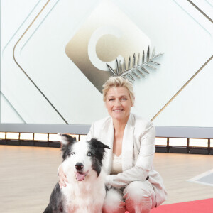 Exclusif - Anne-Elisabeth Lemoine et le chien Messi sur le plateau de l'émisson "C à vous" lors du 77ème Festival International du Film de Cannes le 15 mai 2024. © Jack Tribeca / Bestimage