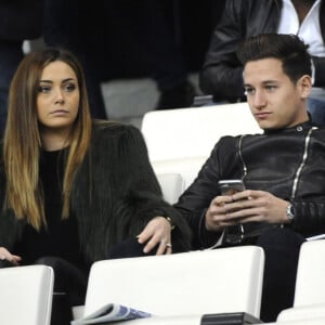 Charlotte Pirroni (Miss Côte d'Azur 2014) et 2ème Dauphine de l'élection Miss France 2015 avec son compagnon Florian Thauvin, ex-joueur Marseillais dans les tribunes lors du match Marseille-PSG, PSG remporte le match 2 à 1, à Marseille le 7 février 2016. © Eric Etten/Bestimage 