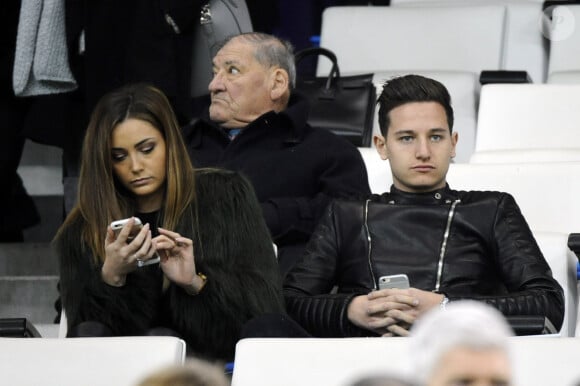 Charlotte Pirroni (Miss Côte d'Azur 2014) et 2ème Dauphine de l'élection Miss France 2015 avec son compagnon Florian Thauvin, joueur Marseillais dans les tribunes lors du match Marseille-PSG, PSG remporte le match 2 à 1, à Marseille le 7 février 2016. © Eric Etten/Bestimage 