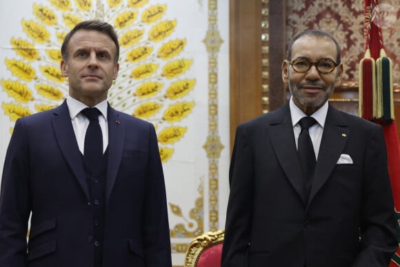 Le président de la République française Emmanuel Macron et le roi Mohammed VI lors de leur entretien au palais royal à Rabat, le 28 octobre 2024. © Ludovic Marin / Pool / Bestimage 