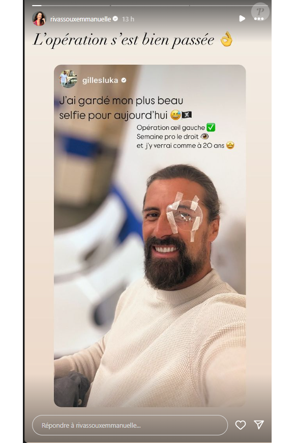 "J'ai gardé mon plus beau selfie pour aujourd'hui. Opération oeil gauche", a-t-il indiqué en commentaire. 
Gilles Luka, le mari d'Emmanuelle Rivassoux, s'est fait opérer d'un oeil. Instagram