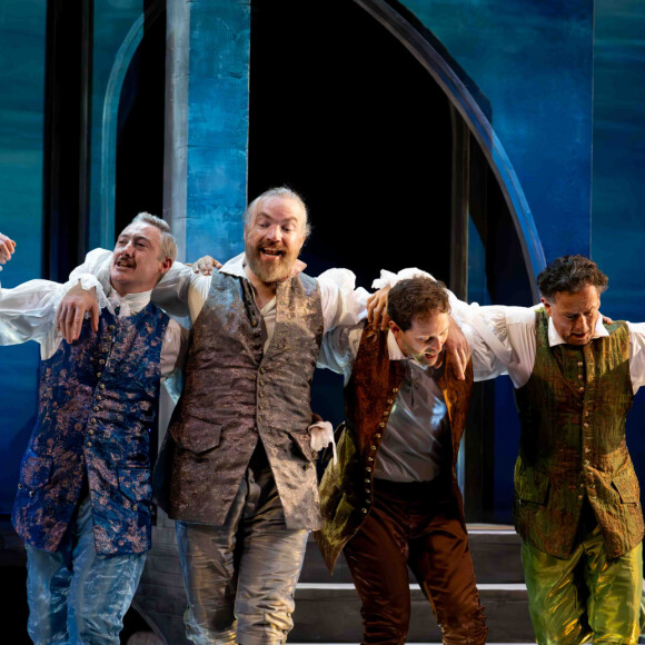 Vincent Desagnat, Vincent Deniard, Pierre Rochefort, Thierry Harcourt et Tom Leeb sur la scène du théâtre des Bouffes Parisiens pour "La Veuve rusée". ©Béatrice Livet