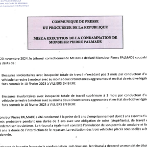 Il se verra alors indiquer "l'établissement pénitentiaire dans lequel il sera incarcéré"
Pierre Palmade, communiqué de presse du procureur de la république, mise à execution de sa condamnation.