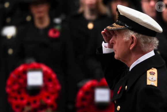 Le roi Charles III d'Angleterre honore les disparus des deux guerres mondiales lors de la cérémonie Remembrance Sunday ( Dimanche du souvenir ) au Cénotaphe à Londres - 10 novembre 2024.