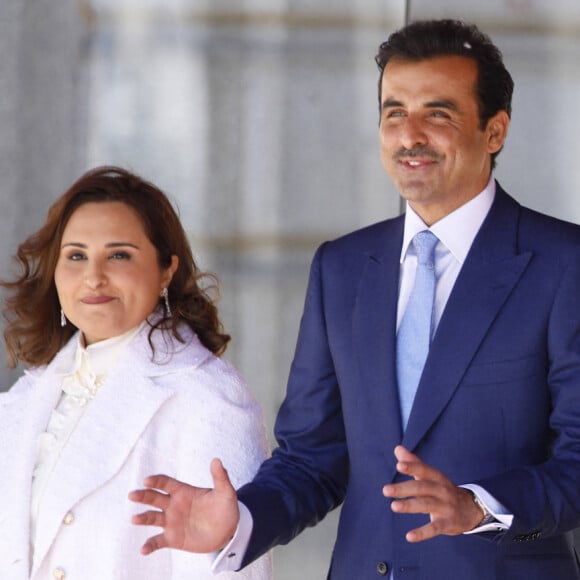 Le roi Felipe VI et la reine Letizia d'Espagne, accueillent l'émir du Qatar, le cheikh Tamim ben Hamad Al-Thani est arrivé à Madrid avec son épouse, la cheikha Jawaher, pour sa visite d'Etat de deux jours en Espagne. Madrid. Le 17 mai 2022. 