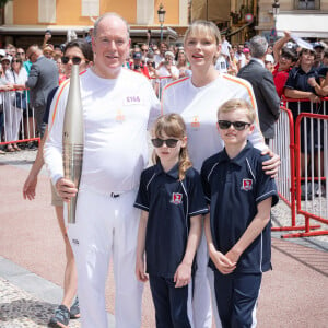 Princess Charlene of Monaco (La princesse Charlène de Monaco), Prince Albert II of Monaco (Le prince Albert II de Monaco), Prince Jacques of Monaco (Le prince Jacques de Monaco, marquis des Baux), Princess Gabriella of Monaco (La princesse Gabriella de Monaco, comtesse de Carladès) lors du relais de la Flamme Olympique des Jeux olympiques d'été de Paris 2024 à Monaco, le 18 juin 2024.