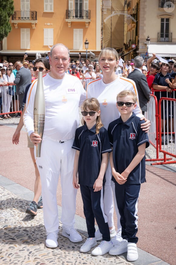 Princess Charlene of Monaco (La princesse Charlène de Monaco), Prince Albert II of Monaco (Le prince Albert II de Monaco), Prince Jacques of Monaco (Le prince Jacques de Monaco, marquis des Baux), Princess Gabriella of Monaco (La princesse Gabriella de Monaco, comtesse de Carladès) lors du relais de la Flamme Olympique des Jeux olympiques d'été de Paris 2024 à Monaco, le 18 juin 2024.