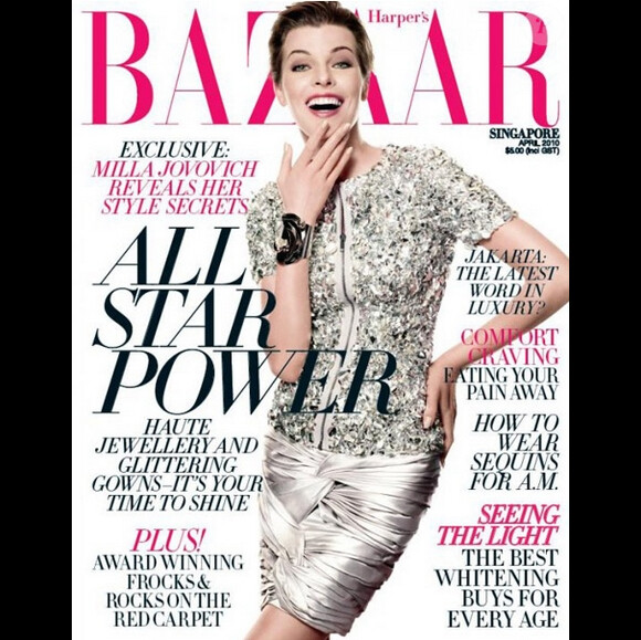 Milla Jovovich en couverture du Harper's Bazaar Singapour du mois d'avril