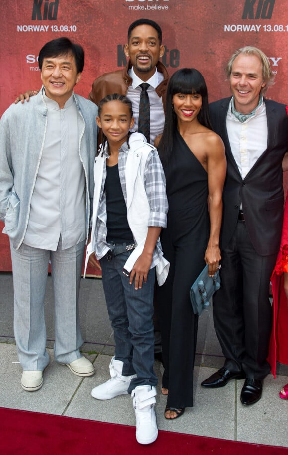 Jackie Chan, Jaden Smith, Will Smith, Jada Pinkett Smith et Harald Zwart lors de l'avant-première de Karate Kid à Friedrikstad en Norvège le 23 juillet 2010