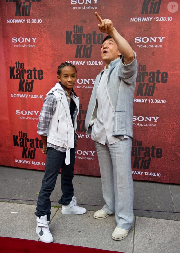 Jaden Smith et Jackie Chan lors de l'avant-première de Karate Kid à Friedrikstad en Norvège le 23 juillet 2010
