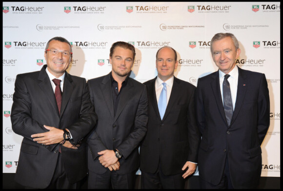 Jean-Christophe Babin, Leonardo DiCaprio, Albert de Monaco et Bernard Arnault lors de la célébration des 150 ans de la marque Tag Heuer à Paris le 29 septembre 2010