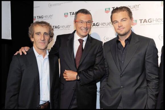 Alain Prost, Jean-Christophe Babin et Leonardo DiCaprio lors de la célébration des 150 ans de la marque Tag Heuer à Paris le 29 septembre 2010