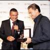 Jean-Christophe Babin et Leonardo DiCaprio lors de la célébration des 150 ans de la marque Tag Heuer à Paris le 29 septembre 2010