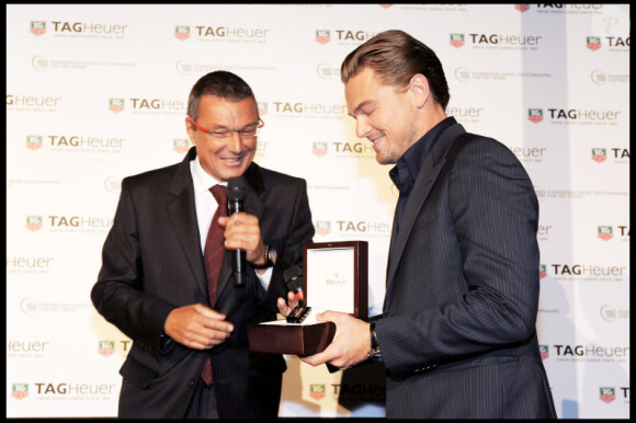 Jean-Christophe Babin et Leonardo DiCaprio lors de la célébration des 150 ans de la marque Tag Heuer à Paris le 29 septembre 2010