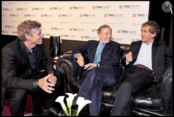 Denis Brogniart, Jean Todt et Alain Prost lors de la célébration des 150 ans de la marque Tag Heuer à Paris le 29 septembre 2010
