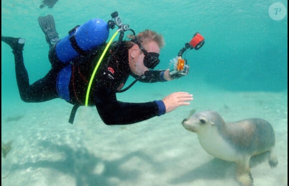 Yves Rénier et un lion de mer en Australie en septembre 2010