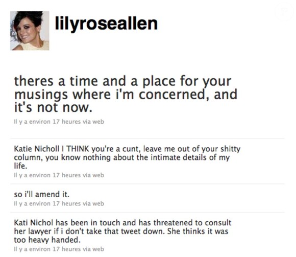 Lily Allen, compte twitter, le 28 novembre 2010