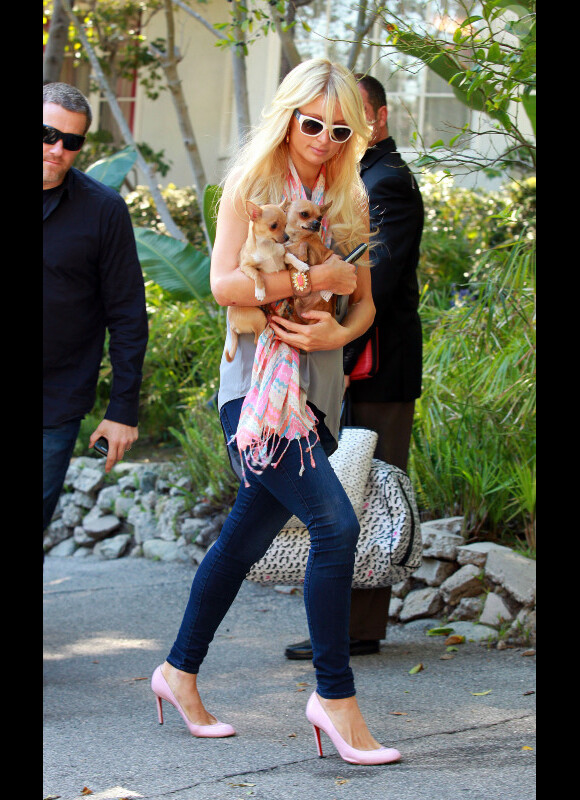 Paris Hilton ne cache plus ses rondeurs... Ces clichés l'illustrant avec ses chihuahuas à Los Angeles, le dimanche 23 janvier, font quasiment office de preuve.