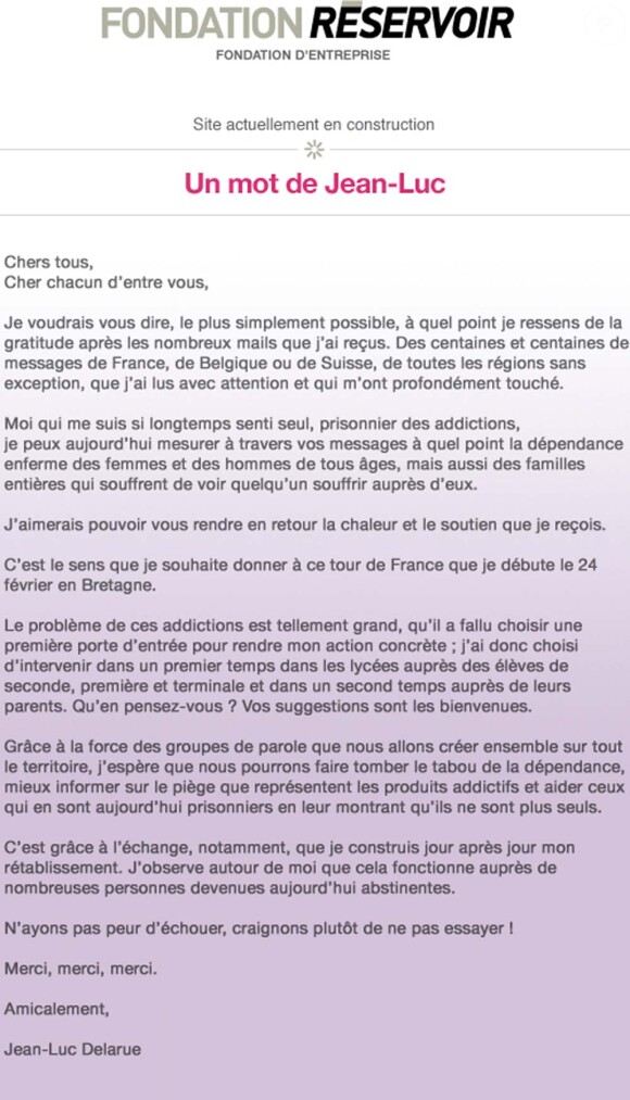 Un petit mot de Jean-Luc Delarue publié sur le site de la fondation Réservoir