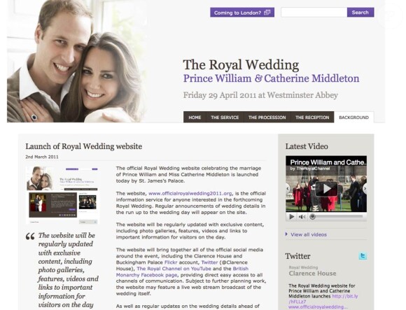 St. James Palace a annoncé mercredi 2 mars 2011 la mise en ligne du site officiel du mariage du prince William et Kate Middleton, moins de deux mois avant le jour J.