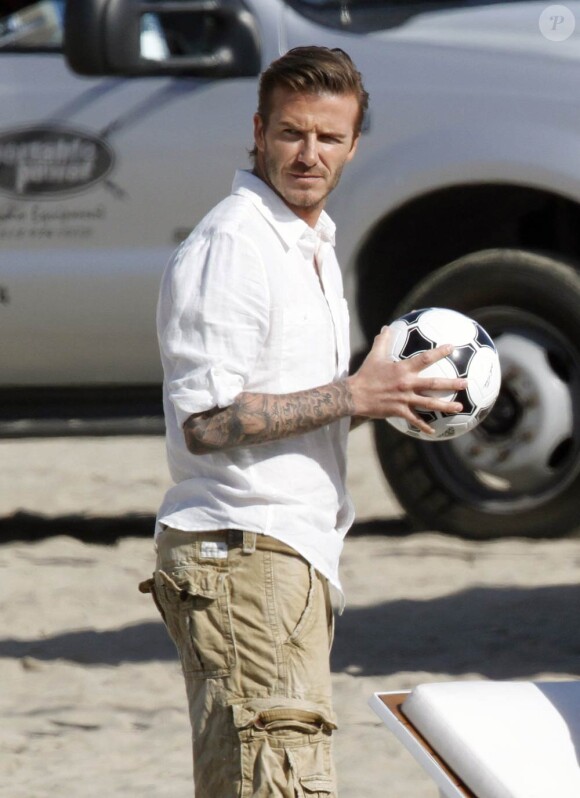 David Beckham sur le tournage de la nouvelle publicité pour Diet Pepsi, sur une plage de Los Angeles, le 28 mars 2011.