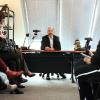 Pierre Bellanger donne une conférence de presse depuis son bureau dans les locaux de Skyrock, le 14 avril 2011.