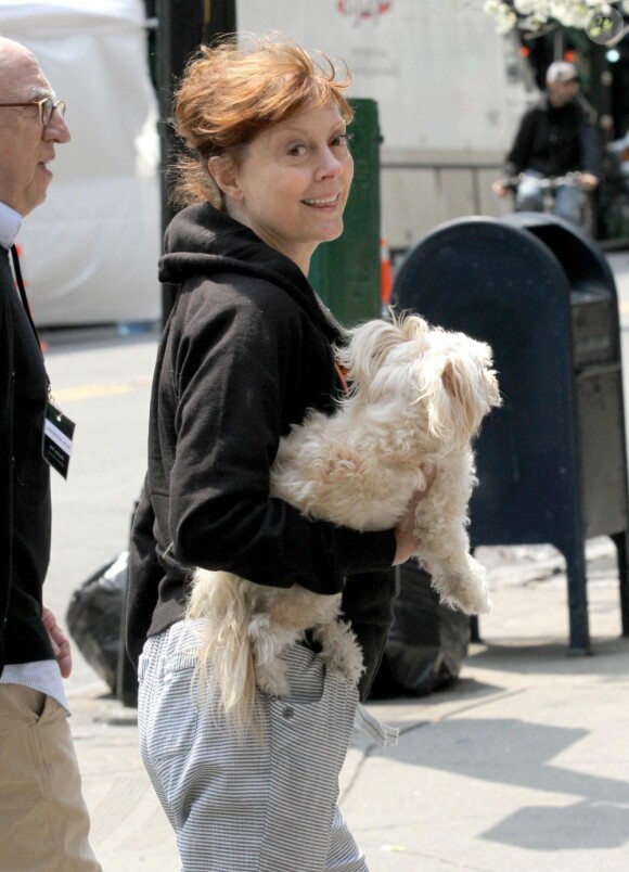 Susan Sarandon et son chien, sur le plateau de tournage d'Arbitrage à New York, le 18 avril 2011