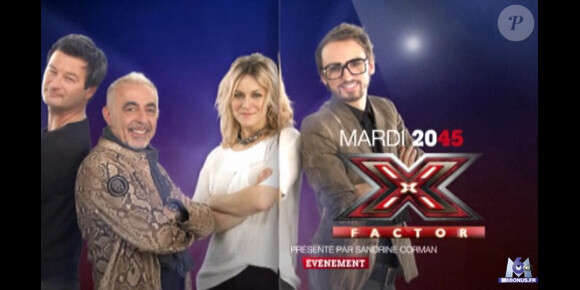 Le jury : Olivier Schultheis, Henry Padovani, Véronic DiCaire et Christophe Willem dans la bande-annonce de X Factor, diffusée le 10 mai 2011 sur M6